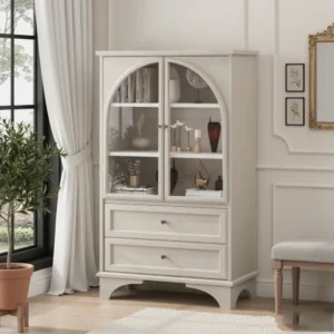 52.17"H Glass Door Display Case Storage Cabinet with 2 Drawers and Adjustable Shelf, Spacious Storage