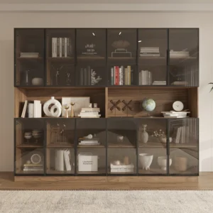 94.5 '' W Combination Bookcase With Glass Doors，display Cabin With Led Lights