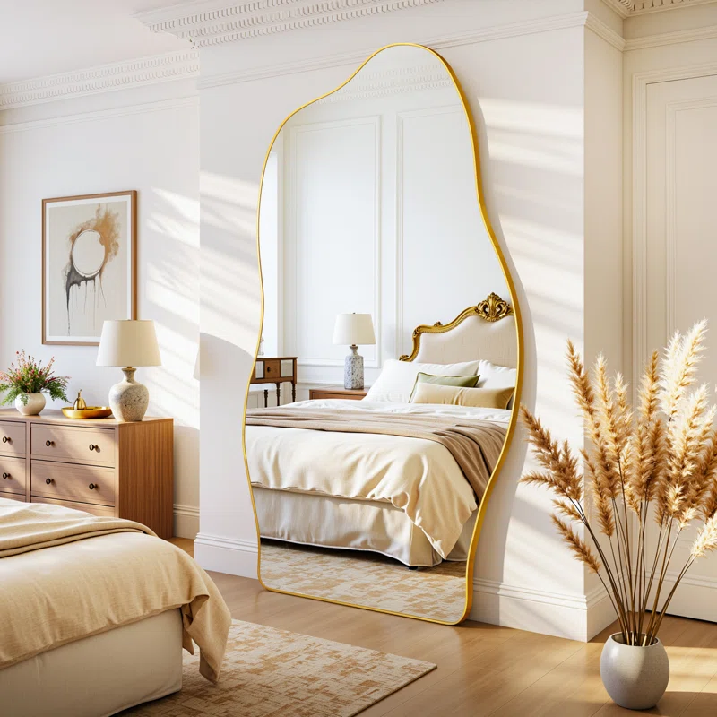 Full Length Mirror, Wavy Shaped Floor Mirror With Stand, Decorative Irregular Leaning