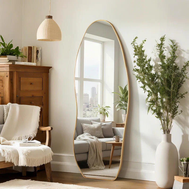 Modern Irregular Full-length Mirror With Aluminum Frame, Wall-mounted Or Free-standing Design
