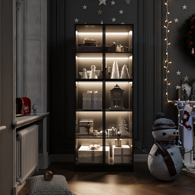 Piraveen Display Cabinet with Glass Doors and LED Lights
